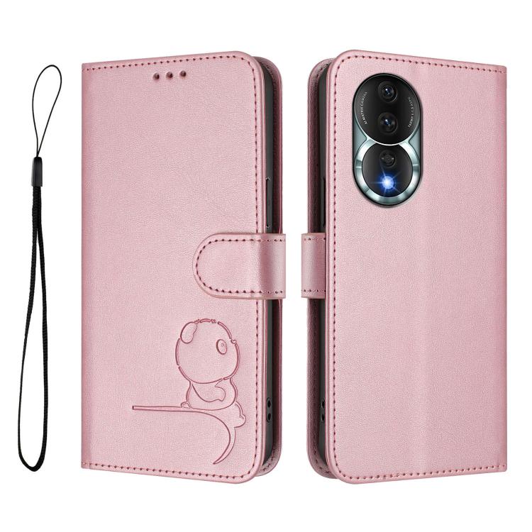 For Honor 80 Litter Panda Embossing RFID Leather Phone Case with Lanyard
