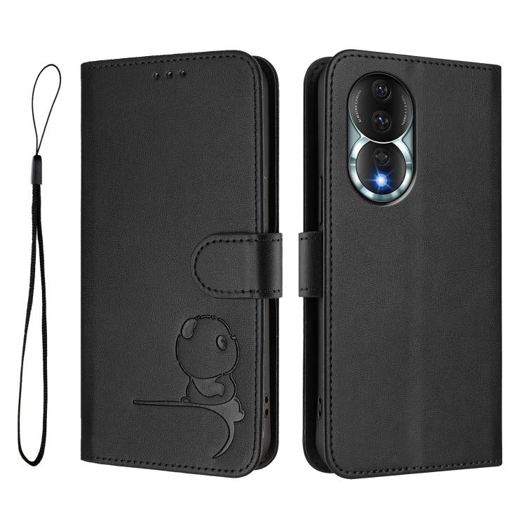 For Honor 80 Litter Panda Embossing RFID Leather Phone Case with Lanyard