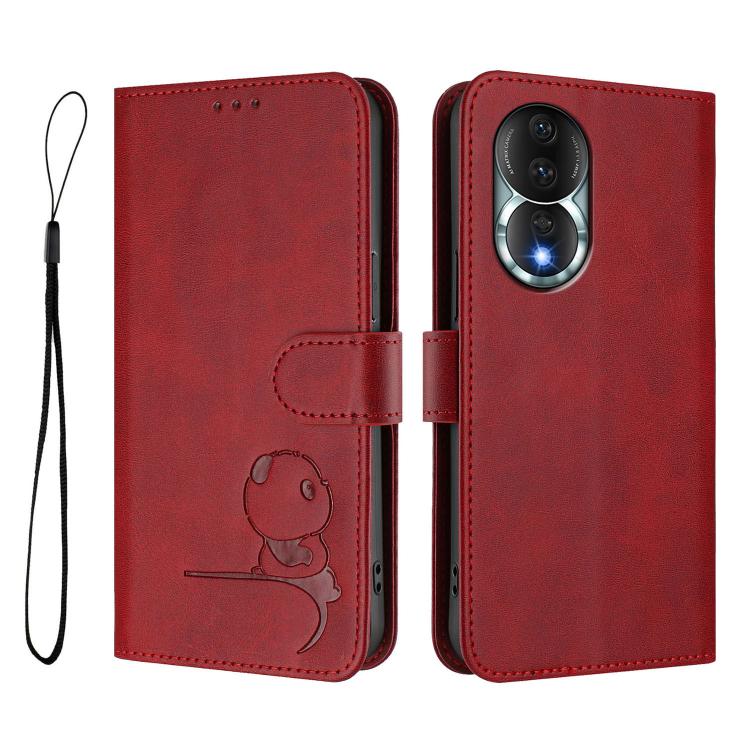 For Honor 80 Litter Panda Embossing RFID Leather Phone Case with Lanyard