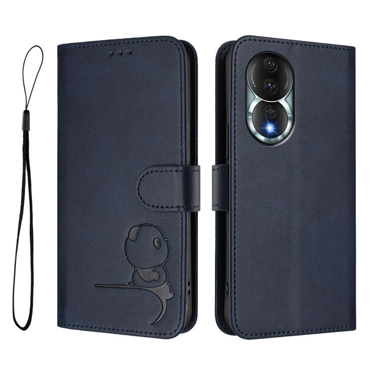 For Honor 80 Litter Panda Embossing RFID Leather Phone Case with Lanyard