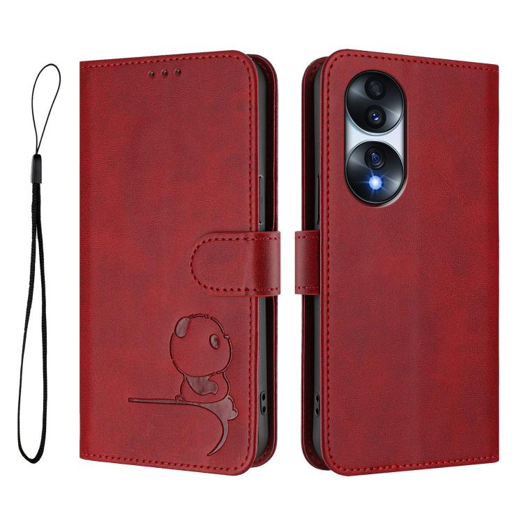 For Honor 70 Pro Litter Panda Embossing RFID Leather Phone Case with Lanyard