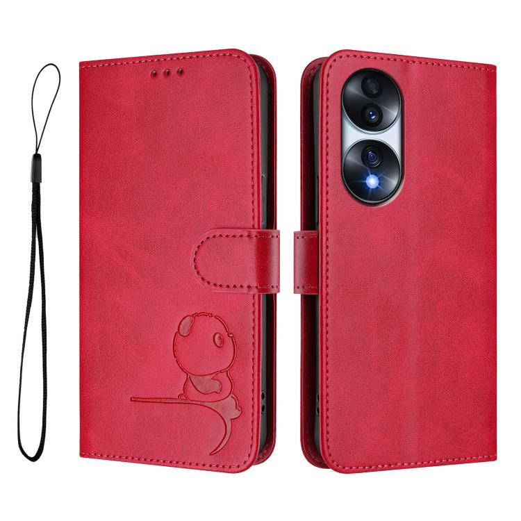 For Honor 70 Litter Panda Embossing RFID Leather Phone Case with Lanyard