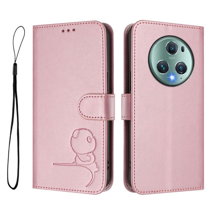 For Honor Magic5 Pro Litter Panda Embossing RFID Leather Phone Case with Lanyard