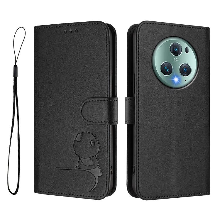 For Honor Magic5 Pro Litter Panda Embossing RFID Leather Phone Case with Lanyard