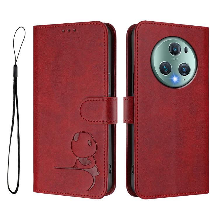 For Honor Magic5 Pro Litter Panda Embossing RFID Leather Phone Case with Lanyard