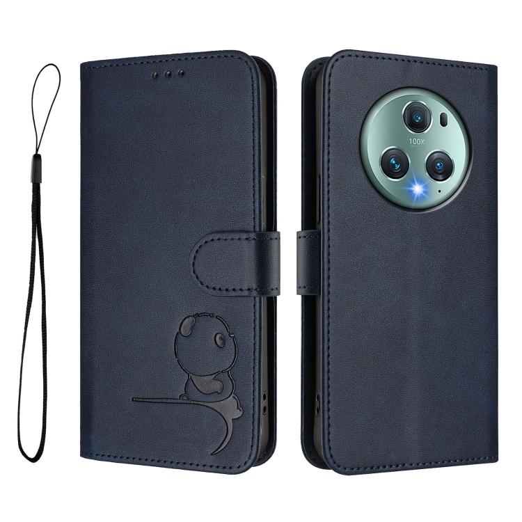 For Honor Magic5 Pro Litter Panda Embossing RFID Leather Phone Case with Lanyard