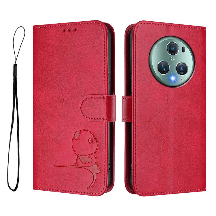 For Honor Magic5 Pro Litter Panda Embossing RFID Leather Phone Case with Lanyard