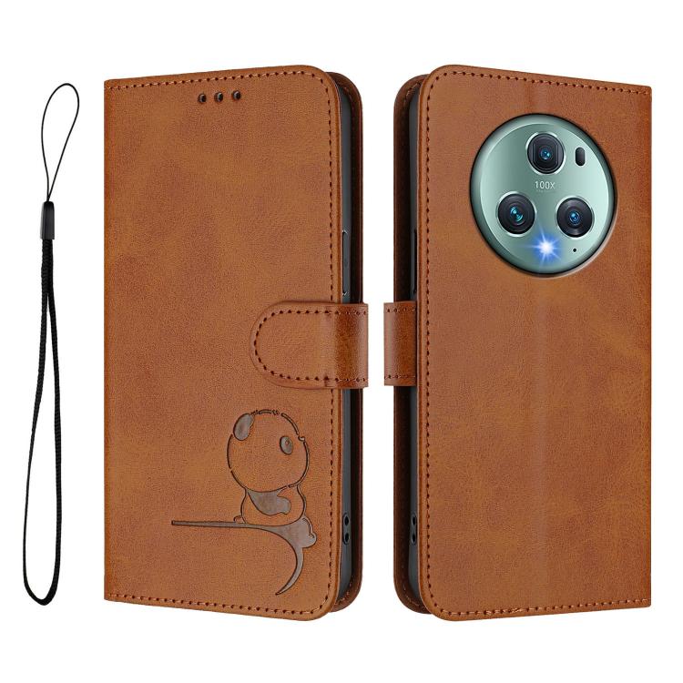 For Honor Magic5 Pro Litter Panda Embossing RFID Leather Phone Case with Lanyard