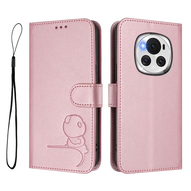 For Honor Magic6 Litter Panda Embossing RFID Leather Phone Case with Lanyard