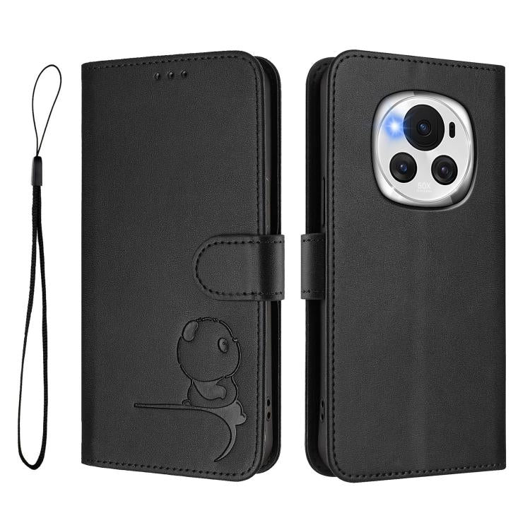 For Honor Magic6 Litter Panda Embossing RFID Leather Phone Case with Lanyard