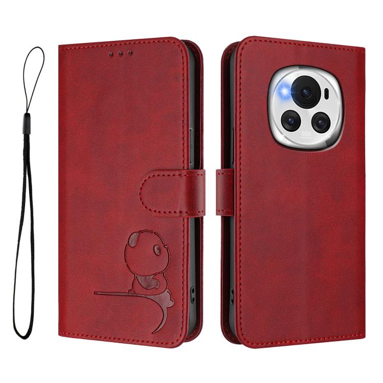 For Honor Magic6 Litter Panda Embossing RFID Leather Phone Case with Lanyard