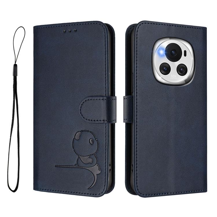 For Honor Magic6 Litter Panda Embossing RFID Leather Phone Case with Lanyard