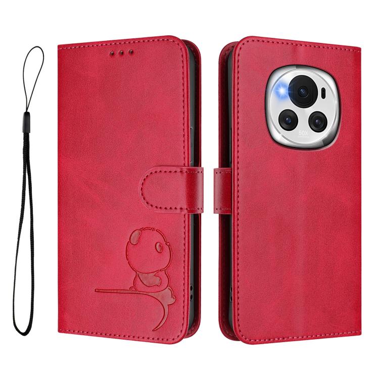 For Honor Magic6 Litter Panda Embossing RFID Leather Phone Case with Lanyard