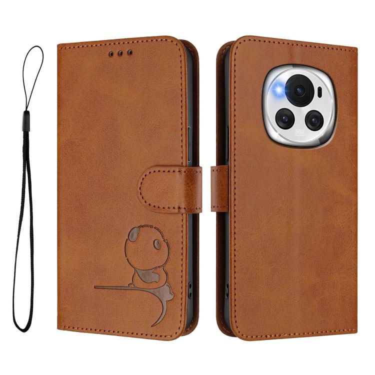 For Honor Magic6 Litter Panda Embossing RFID Leather Phone Case with Lanyard
