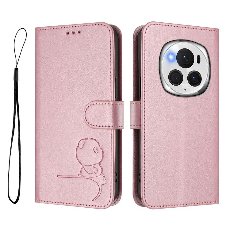 For Honor Magic6 Pro Litter Panda Embossing RFID Leather Phone Case with Lanyard