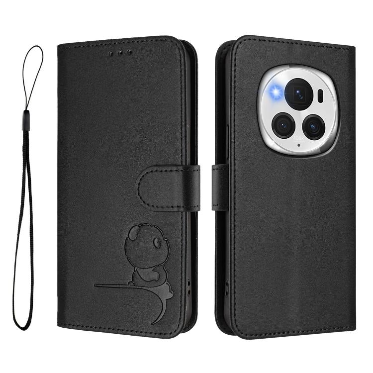 For Honor Magic6 Pro Litter Panda Embossing RFID Leather Phone Case with Lanyard