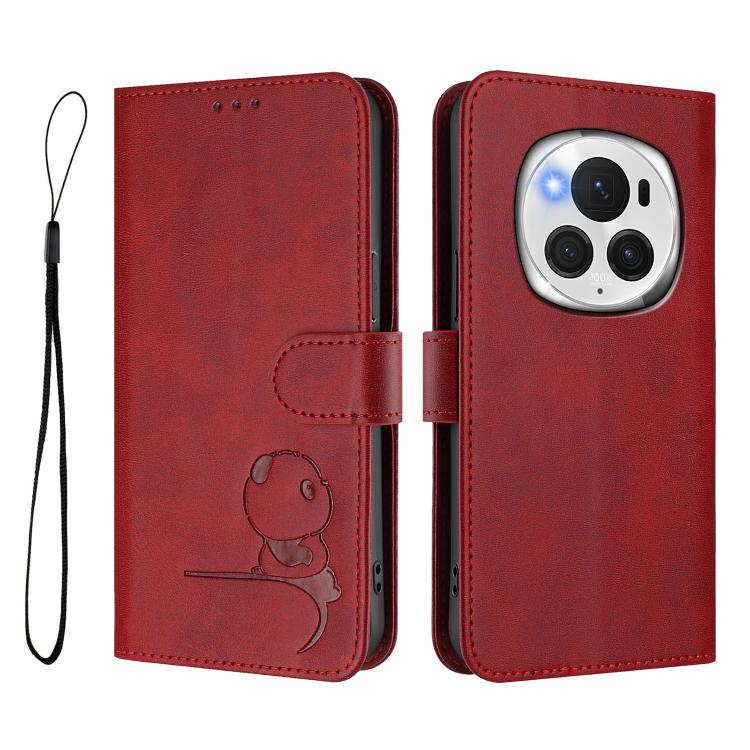 For Honor Magic6 Pro Litter Panda Embossing RFID Leather Phone Case with Lanyard