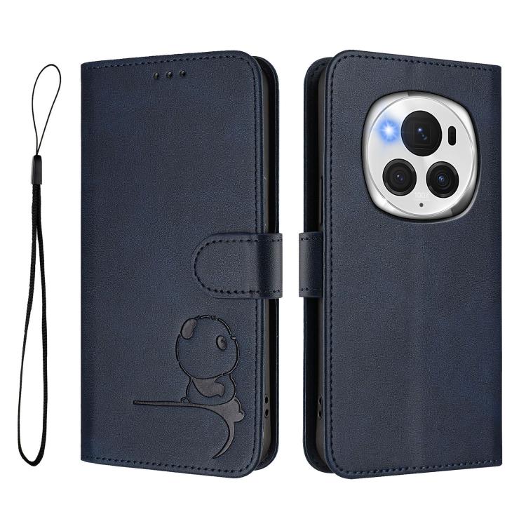 For Honor Magic6 Pro Litter Panda Embossing RFID Leather Phone Case with Lanyard