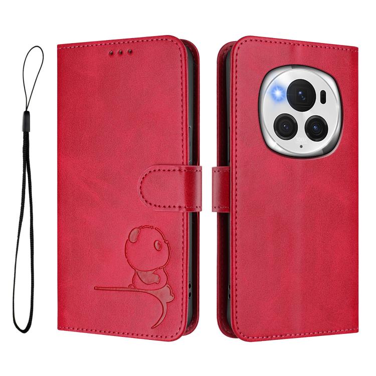 For Honor Magic6 Pro Litter Panda Embossing RFID Leather Phone Case with Lanyard