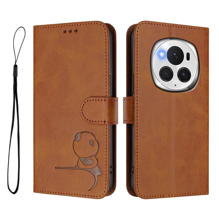 For Honor Magic6 Pro Litter Panda Embossing RFID Leather Phone Case with Lanyard