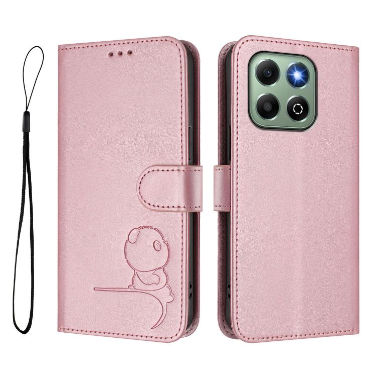 For Honor X6b / X6a 4G Litter Panda Embossing RFID Leather Phone Case with Lanyard