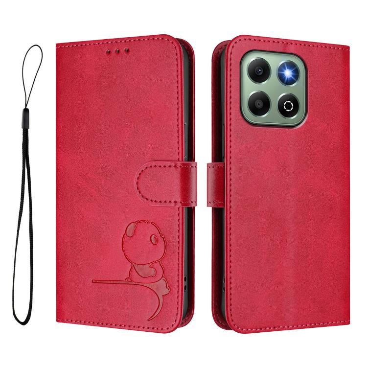 For Honor X6b / X6a 4G Litter Panda Embossing RFID Leather Phone Case with Lanyard