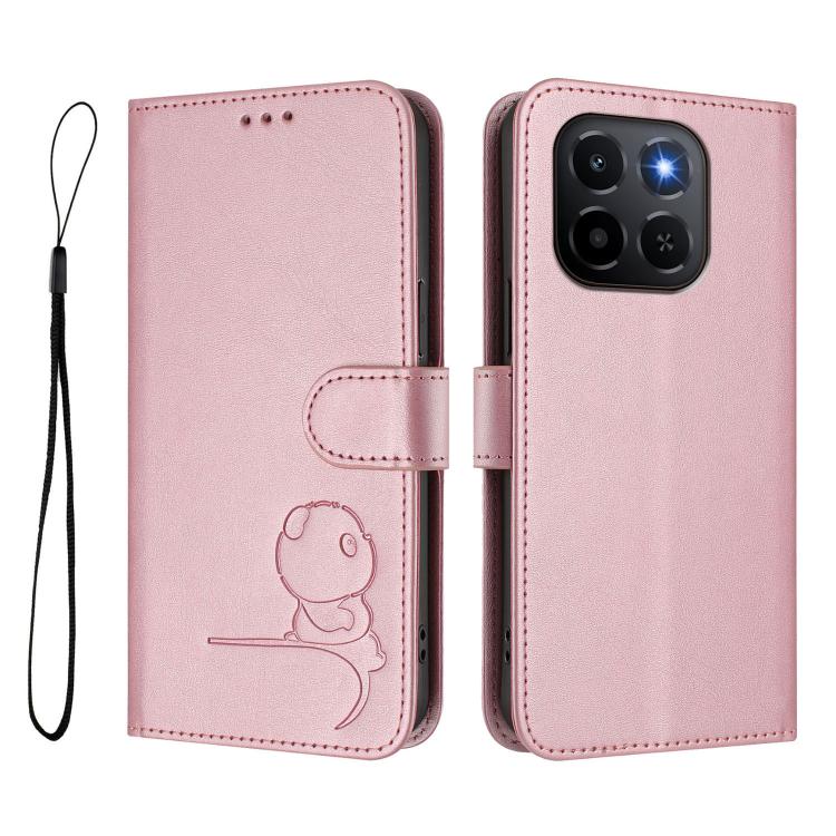 For Honor X6c Litter Panda Embossing RFID Leather Phone Case with Lanyard