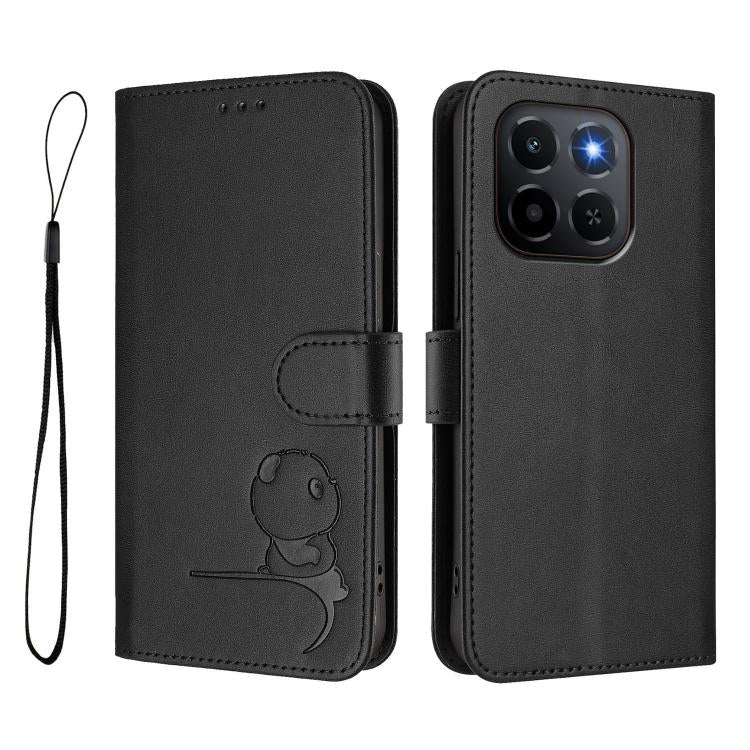 For Honor X6c Litter Panda Embossing RFID Leather Phone Case with Lanyard
