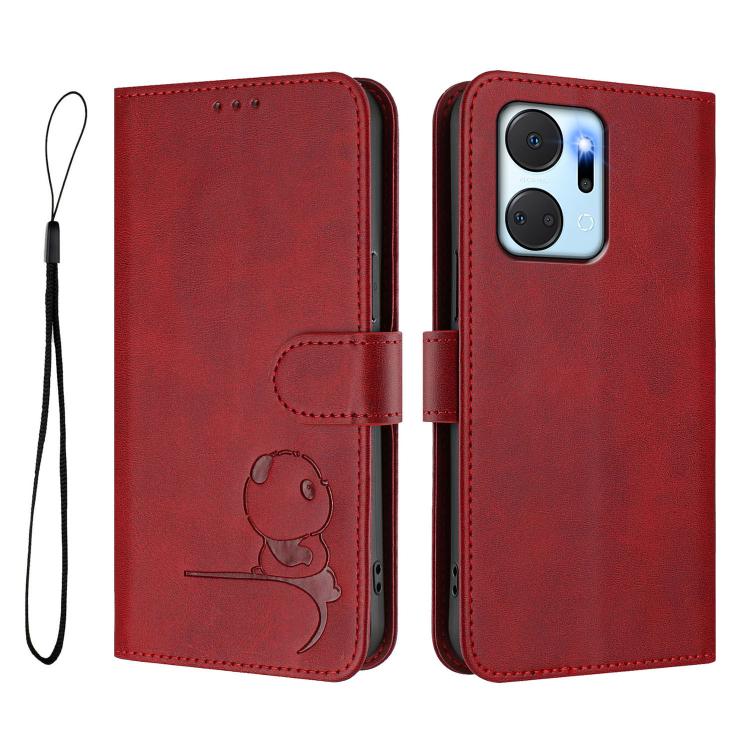 For Honor X7a / Play7T Litter Panda Embossing RFID Leather Phone Case with Lanyard