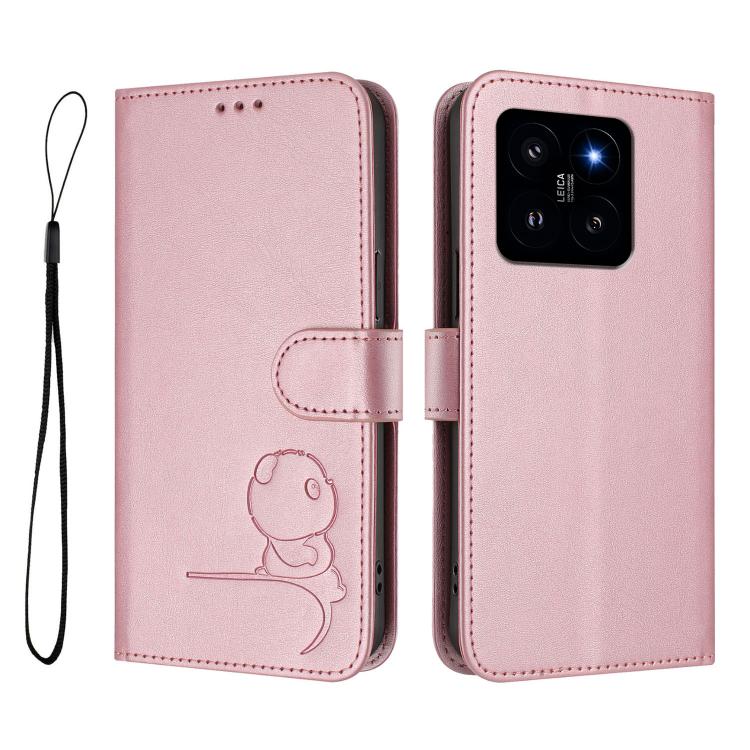 For Xiaomi 14 Litter Panda Embossing RFID Leather Phone Case with Lanyard