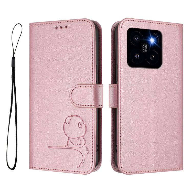 For Xiaomi 14 Pro Litter Panda Embossing RFID Leather Phone Case with Lanyard