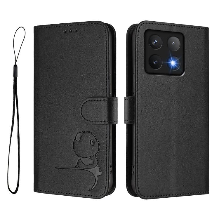 For Xiaomi 14T Pro Litter Panda Embossing RFID Leather Phone Case with Lanyard