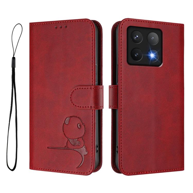 For Xiaomi 14T Pro Litter Panda Embossing RFID Leather Phone Case with Lanyard