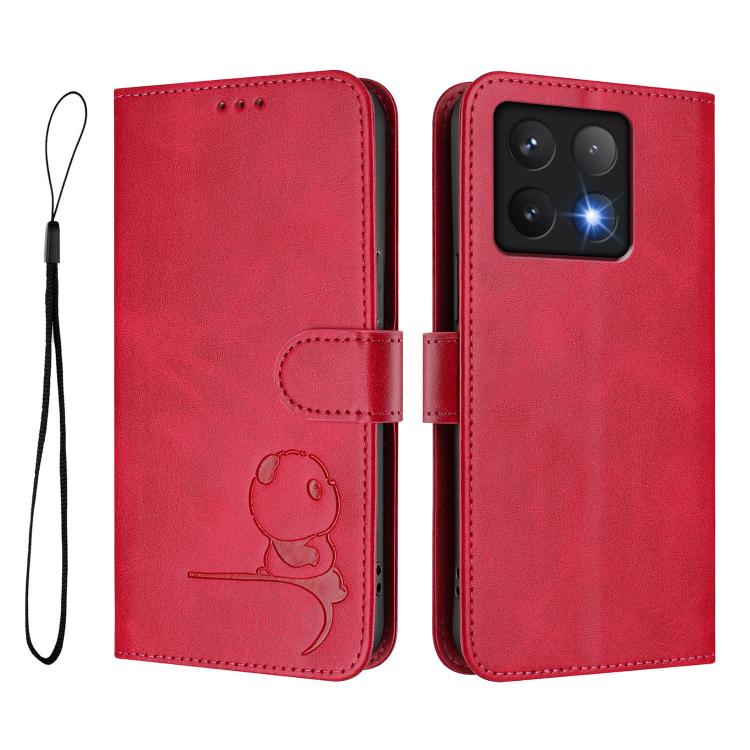 For Xiaomi 14T Pro Litter Panda Embossing RFID Leather Phone Case with Lanyard