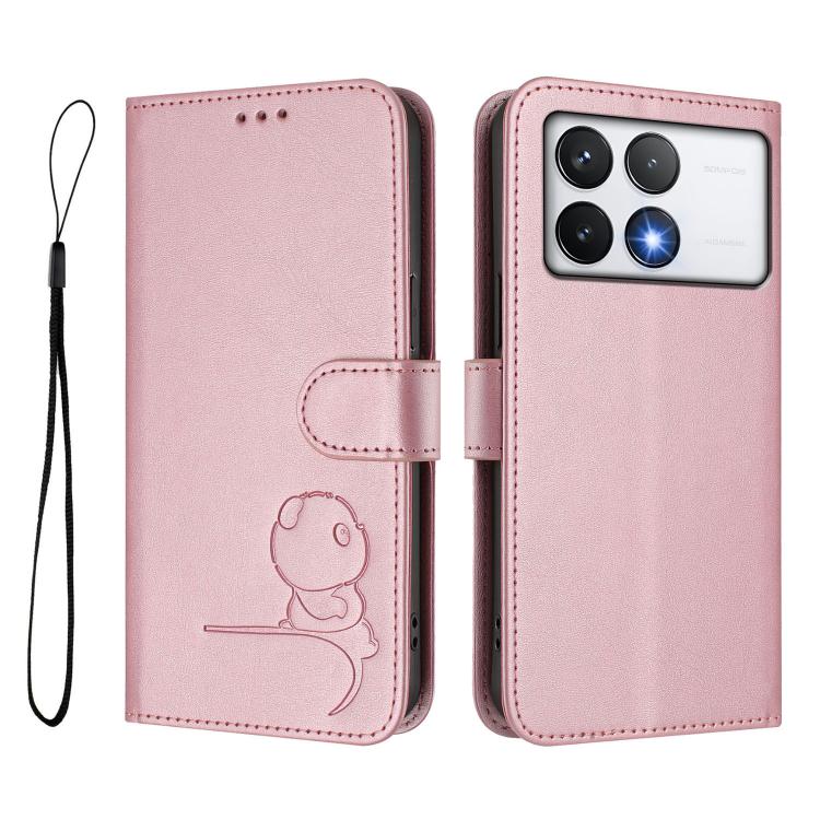 For Xiaomi Poco F6 Pro Litter Panda Embossing RFID Leather Phone Case with Lanyard