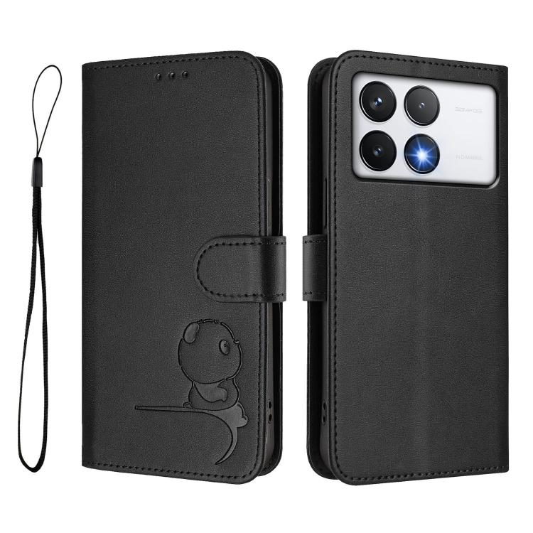 For Xiaomi Poco F6 Pro Litter Panda Embossing RFID Leather Phone Case with Lanyard