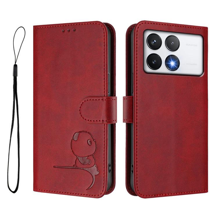 For Xiaomi Poco F6 Pro Litter Panda Embossing RFID Leather Phone Case with Lanyard