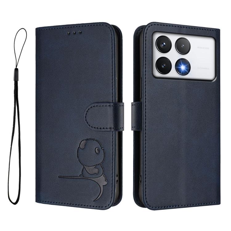 For Xiaomi Poco F6 Pro Litter Panda Embossing RFID Leather Phone Case with Lanyard