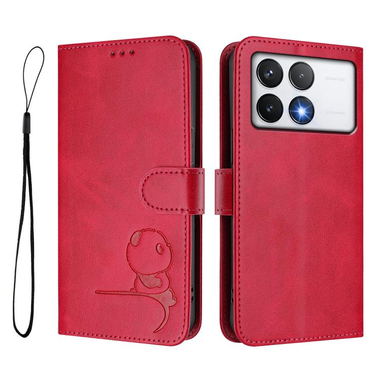 For Xiaomi Poco F6 Pro Litter Panda Embossing RFID Leather Phone Case with Lanyard