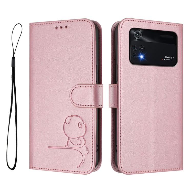 For Xiaomi Poco M4 Pro 4G Litter Panda Embossing RFID Leather Phone Case with Lanyard