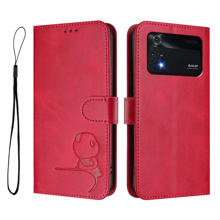 For Xiaomi Poco M4 Pro 4G Litter Panda Embossing RFID Leather Phone Case with Lanyard