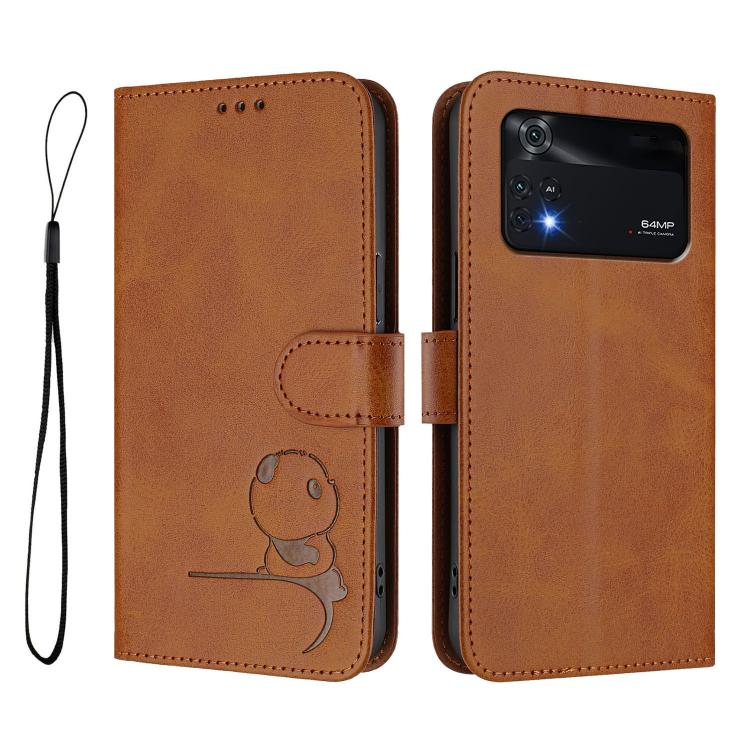 For Xiaomi Poco M4 Pro 4G Litter Panda Embossing RFID Leather Phone Case with Lanyard