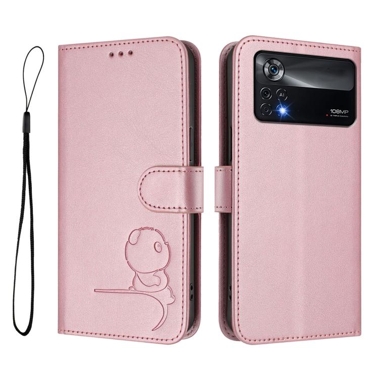 For Xiaomi Poco X4 Pro 5G Litter Panda Embossing RFID Leather Phone Case with Lanyard