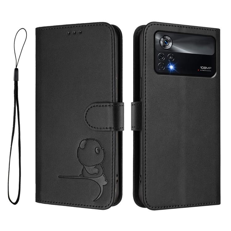 For Xiaomi Poco X4 Pro 5G Litter Panda Embossing RFID Leather Phone Case with Lanyard