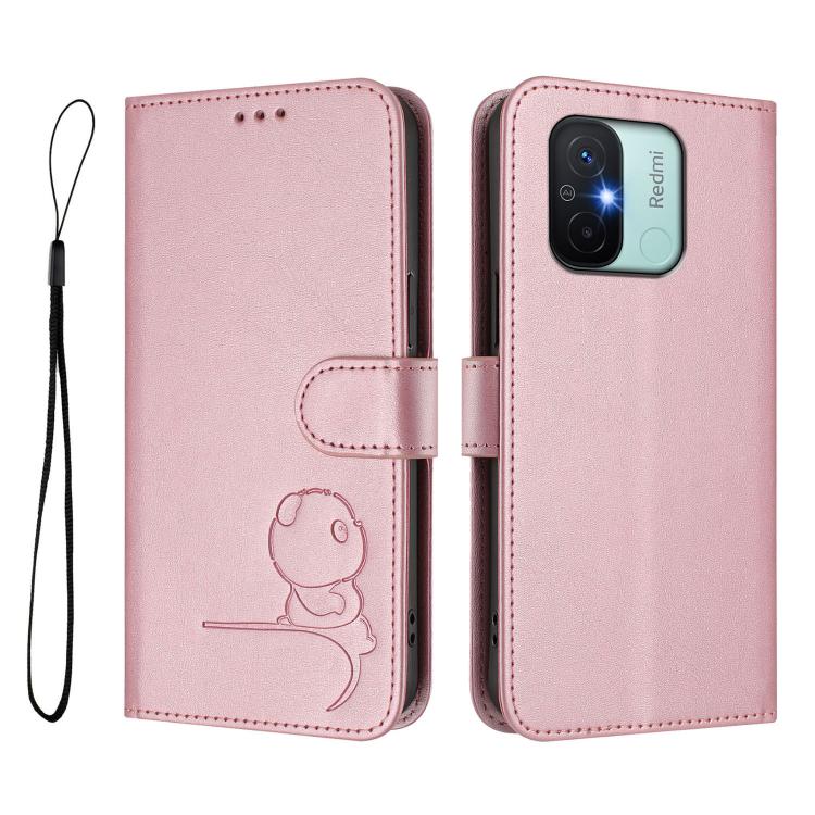 For Redmi 11A / Xiaomi Poco C55 Litter Panda Embossing RFID Leather Phone Case with Lanyard