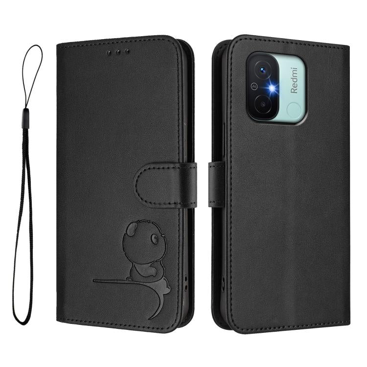 For Redmi 11A / Xiaomi Poco C55 Litter Panda Embossing RFID Leather Phone Case with Lanyard