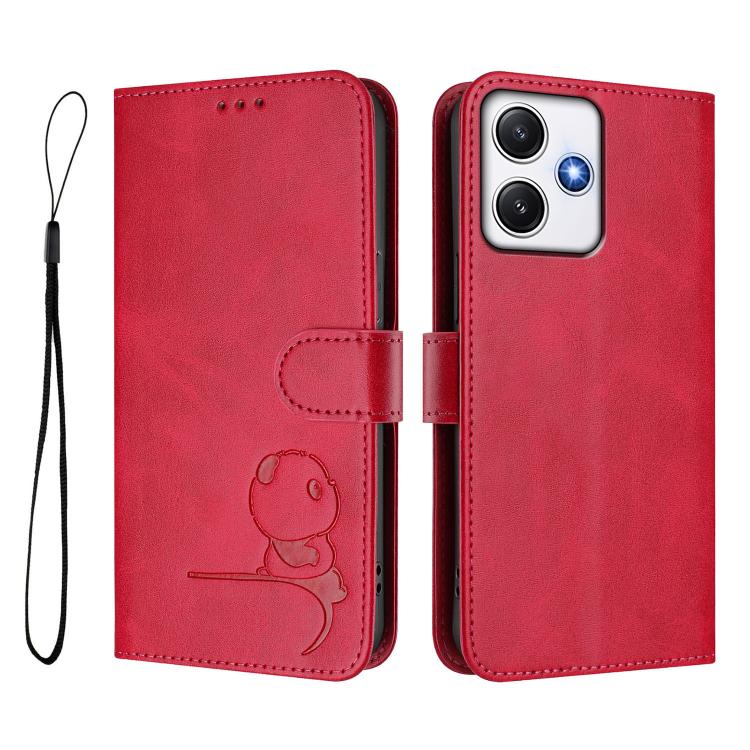 For Redmi 12 4G / 12 5G Global / India Litter Panda Embossing RFID Leather Phone Case with Lanyard