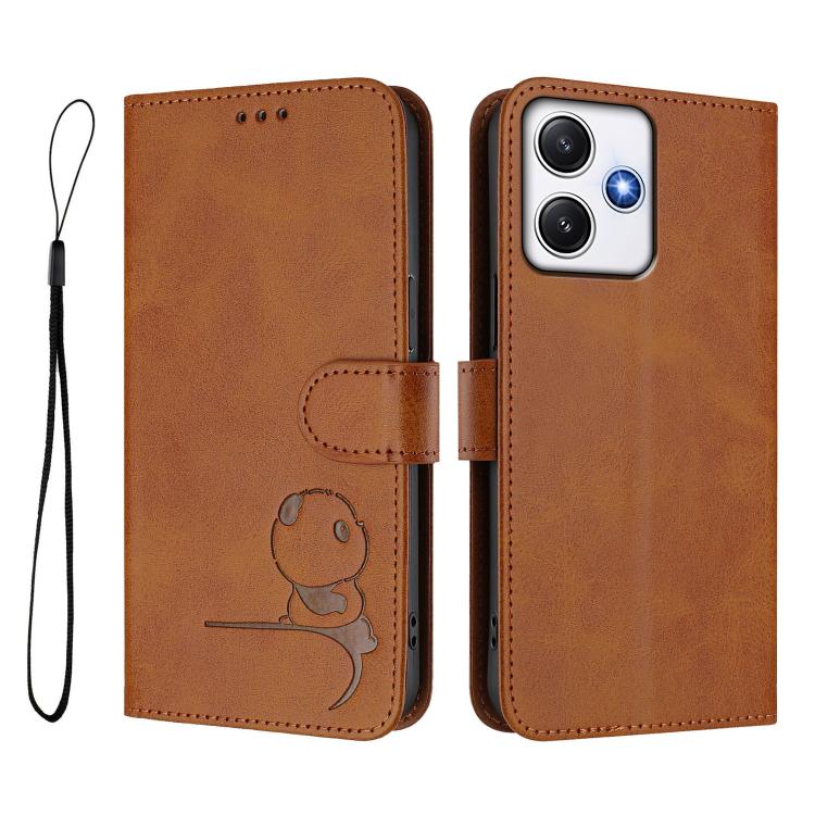 For Redmi 12 4G / 12 5G Global / India Litter Panda Embossing RFID Leather Phone Case with Lanyard