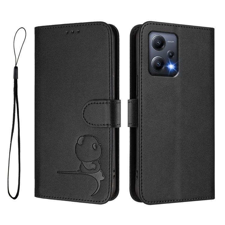 For Redmi Note 12 5G Global / India Litter Panda Embossing RFID Leather Phone Case with Lanyard