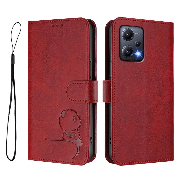 For Redmi Note 12 5G Global / India Litter Panda Embossing RFID Leather Phone Case with Lanyard